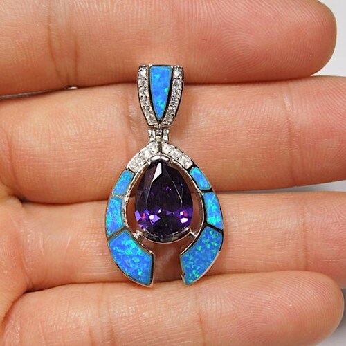 Purple Simulated Amethyst & Blue Fire Opal Drop Earrings - Silver Plated - Nickel Free