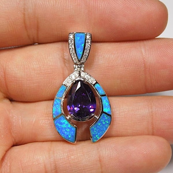 925 Sterling Silver 3 Carat Amethyst and Blue Fire Opal Slide Pendant