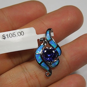 Tanzanite & Blue Fire Opal Inlay Solid 925 Sterling Silver Heart Pendant Necklace