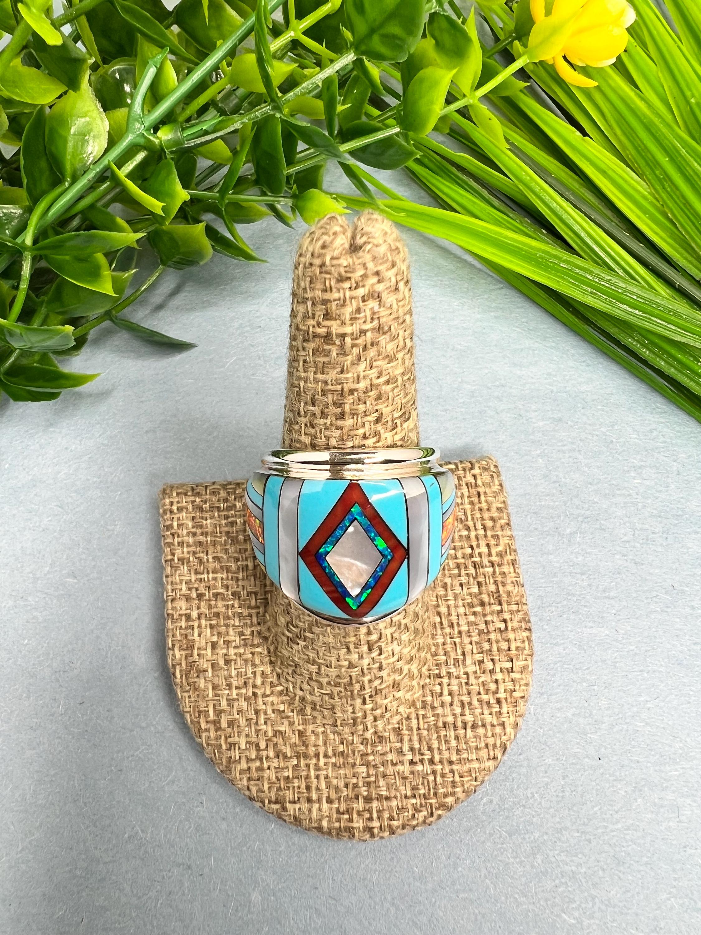 Multicolor Micro Inlay 925 Sterling Silver Men's or Woman Ring size 9