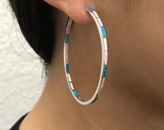 Huge Multicolor Fire Opal Inlay 925 Sterling Silver Endless Hoop Earrings 2'' wide 53mm