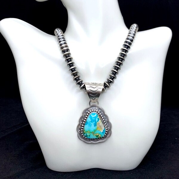 Large Sonoran Gold Turquoise Pendant necklace/ Navajo made, 925 Sterling Silver. Chain is not inclued.