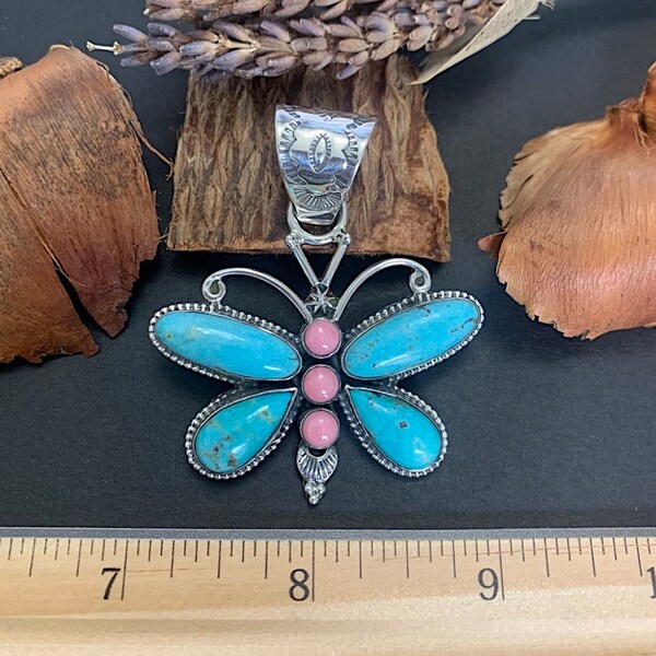 Large Butterfly Pendant, Turquoise, Pink Conch & Sterling Silv