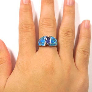 Tanzanite & Blue Fire Opal Inlay Sterling Silver Jewelry Ring size 6 - 9