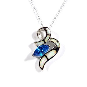 Blue Topaz and White Fire Opal inlay sterling silver Pendant necklace 18&#39;&#39; long