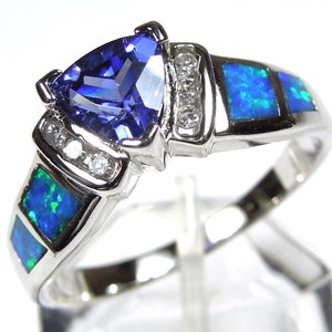 Trillion Cut Tanzanite & Blue Fire Opal Inlay 925 Sterling Silver Woman&#39;s Ring Size 6,7,8,9