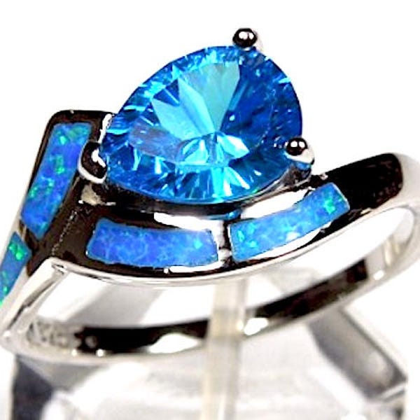 1.25 Carats Blue Topaz and Blue Fire Opal Solid 925 Sterling Silver Ring Sz 6,7,8,9