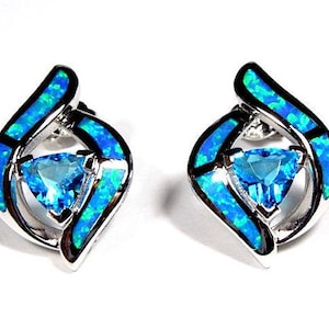 High Quality London Topaz & Blue Fire Opal Inlay Genuine 925 Sterling Silver Stud Post Earrings.