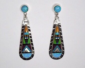 Multi color, Turquoise inlay 925 Sterling Silver Post Dangle Earrings. 2-1/4'' long. Ready to ship