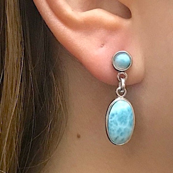 Real AAA Sky Blue Larimar 925 Sterling Silver Post, Dangle Earrings 1-1/4'' long