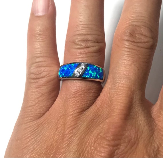 Bague En Argent Avec Opale De Feu Bleue Et Topaze Mystique 6 Mm - Taille 56-57, Neuf Sans Boîte