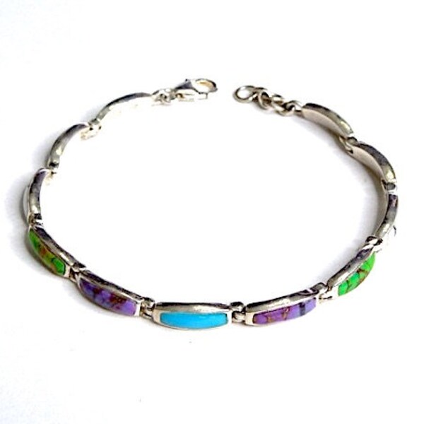 Multicolor & Turquoise Inlay Solid 925 Sterling Silver Link Pulsera de tenis 7.25-8''