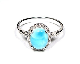 Genuine AAA Dominican Larimar & White Topaz Inlay 925 Sterling Silver Ring size 6 - 9