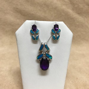 Blue Inlay Fire Opal, Amethyst, 925 Sterling Silver Huge Pendant & Earrings Set, Free 18 Chain image 2