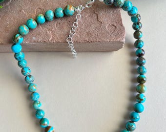 9mm Genuine Natural Royston Turquoise Bead Necklace 17.5'' Long. Made in USA