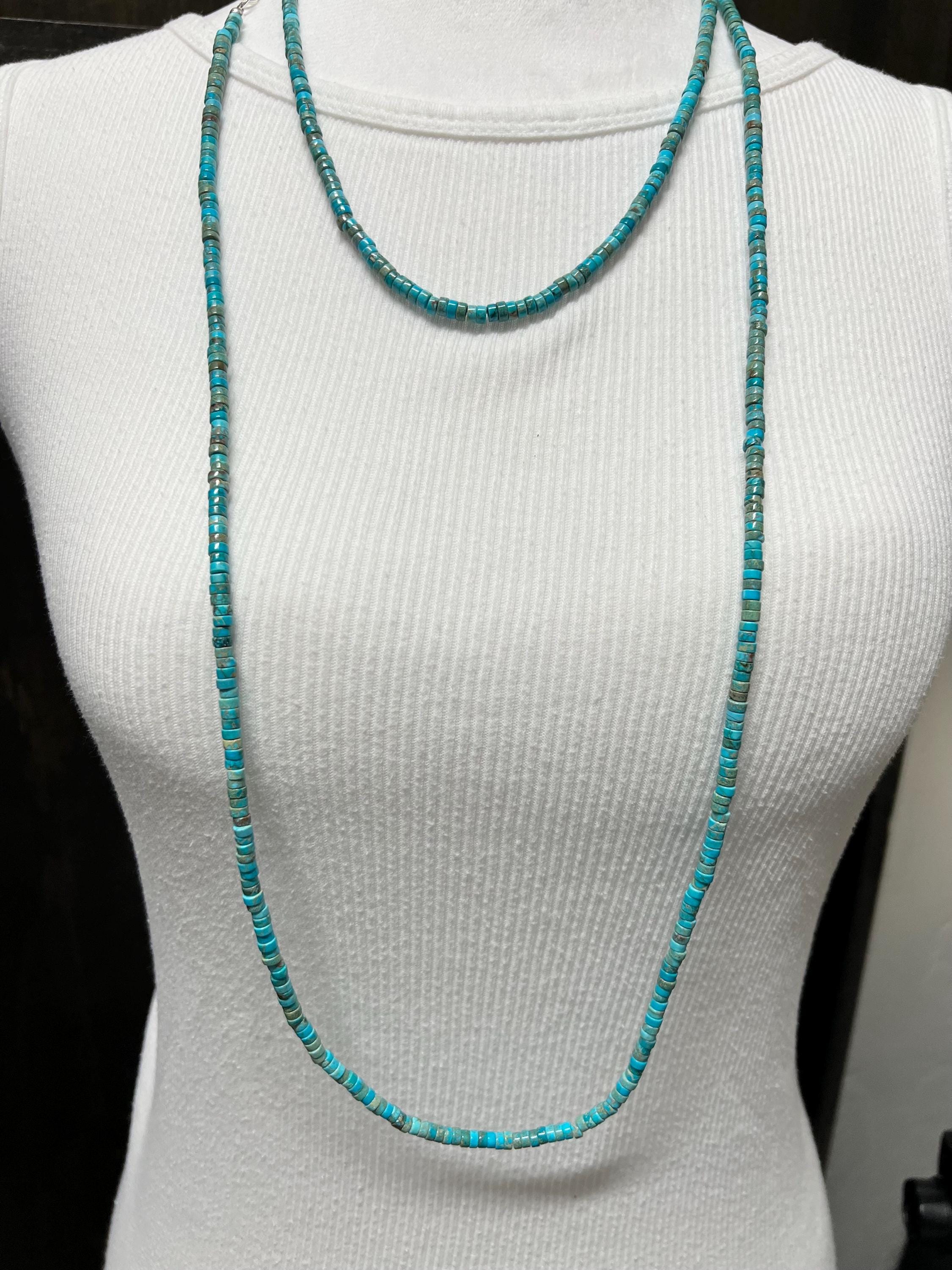 Genuine Blue Turquoise Heishi Sterling Silver Necklace 60” Long - Etsy