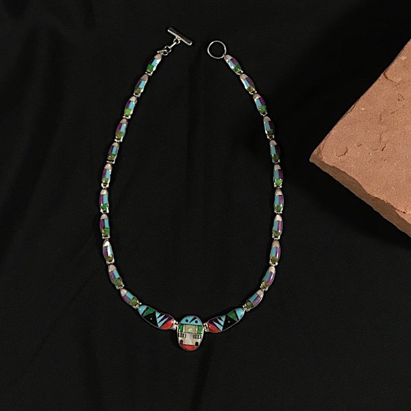 Multicolor & Fire Opal Inlay 925 Sterling Silver Southwestern Necklace 18'' long