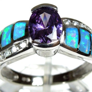 Amethyst & Blue Fire Opal Inlay Genuine 925 Sterling Silver Ring size 6,7,8,9 image 1