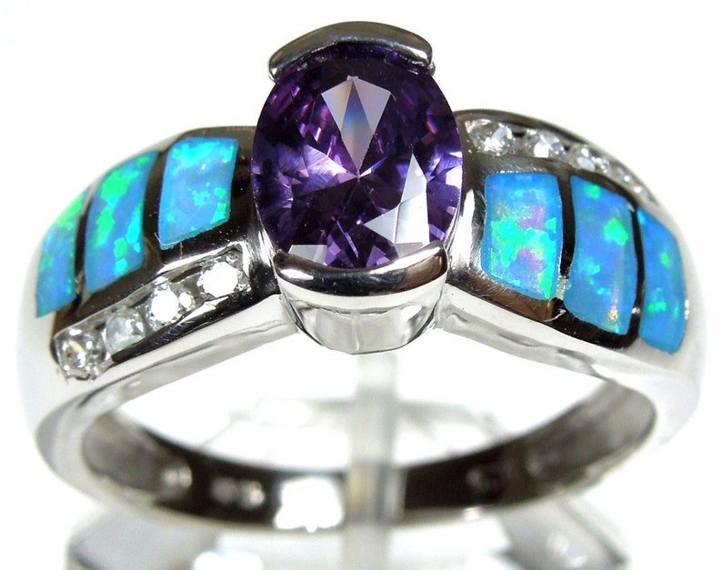 Amethyst & Blue Fire Opal Inlay Genuine 925 Sterling Silver Ring size 6,7,8,9 image 1