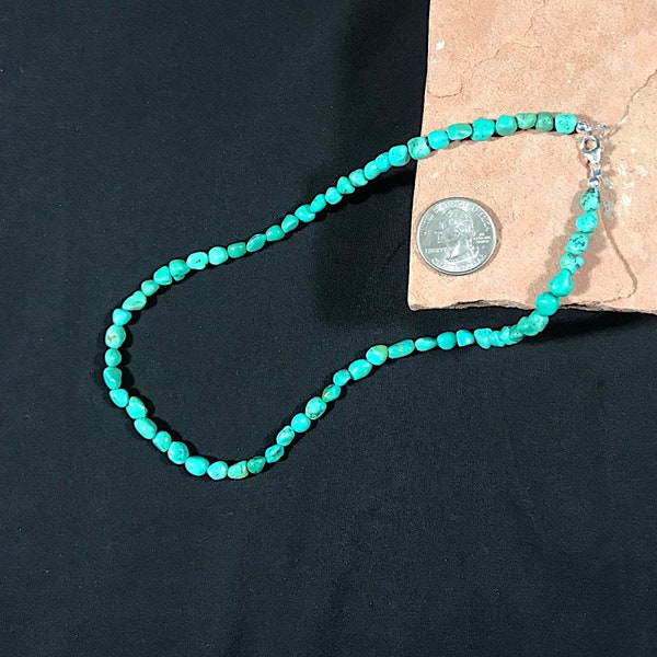 Genuine Kingman Turquoise nugget and sterling silver necklace 18" long. Made in New Mexico.