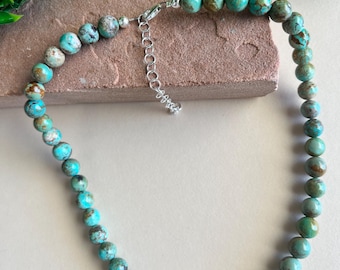 9mm Genuine Natural Royston Turquoise Bead Necklace 17.5'' Long. Made in USA