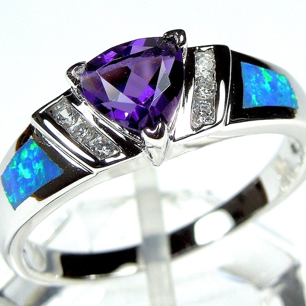Amethyst & Blue Fire Opal Inlay Genuine 925 Sterling Silver Ring size 6,7,8,9