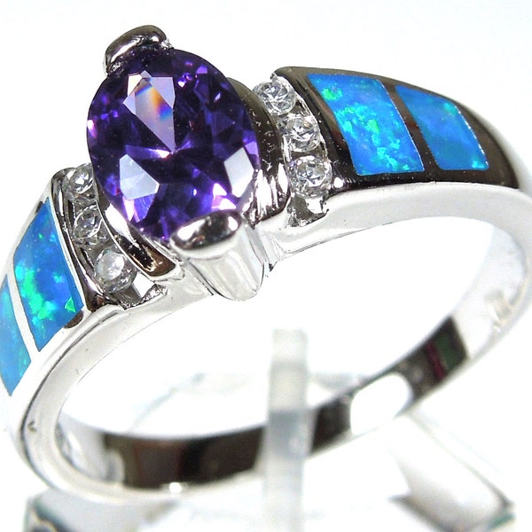 Amethyst & Blue Fire Opal Inlay Genuine 925 Sterling Silver Ring size 6,7,8,9,10