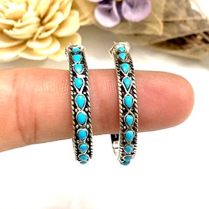 Sleeping Beauty Turquoise Inlay 925 Sterling Silver Hoop Earrings. 1-1/4''