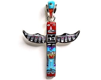 Multicolor Inlay 925 Sterling Silver Southwestern Totenpole Pendant