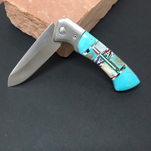 Single Blade Clip Pocket Knife with Multicolor Inlay & Turquoise 7-3/8&quot; Long Open. Southwest style
