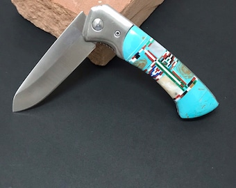 Single Blade Clip Pocket Knife with Multicolor Inlay & Turquoise 7-3/8&quot; Long Open. Southwest style