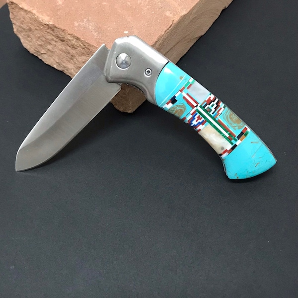 Single Blade Clip Pocket Knife with Multicolor Inlay & Turquoise 7-3/8" Long Open. Southwest style