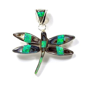 Mother Pearl & Fire Opal Inlay 925 Sterling Silver Dragonfly Pendant