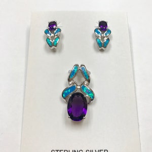 Blue Inlay Fire Opal, Amethyst, 925 Sterling Silver Huge Pendant & Earrings Set, Free 18 Chain image 1
