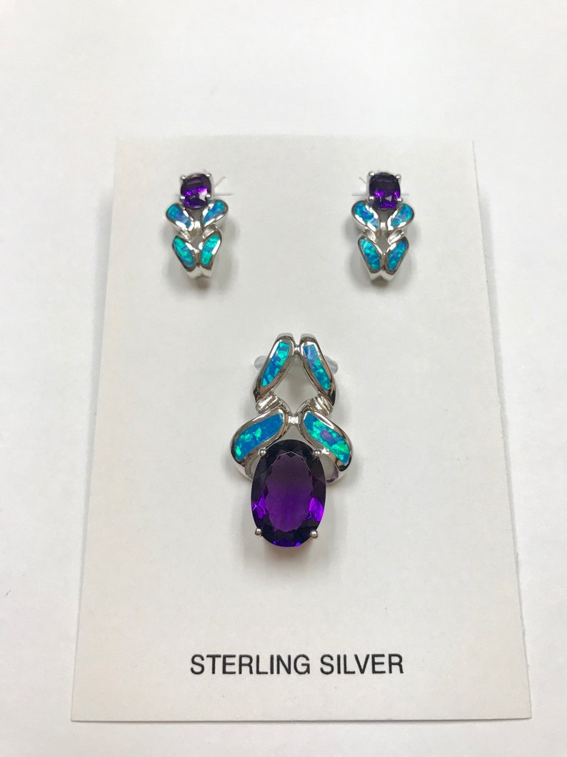 Blue Inlay Fire Opal, Amethyst, 925 Sterling Silver Huge Pendant & Earrings Set, Free 18 Chain image 1