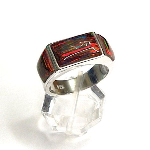 Fire Opal Inlay Solid 925 Sterling Silver Men's, Ring Sizes 9-12