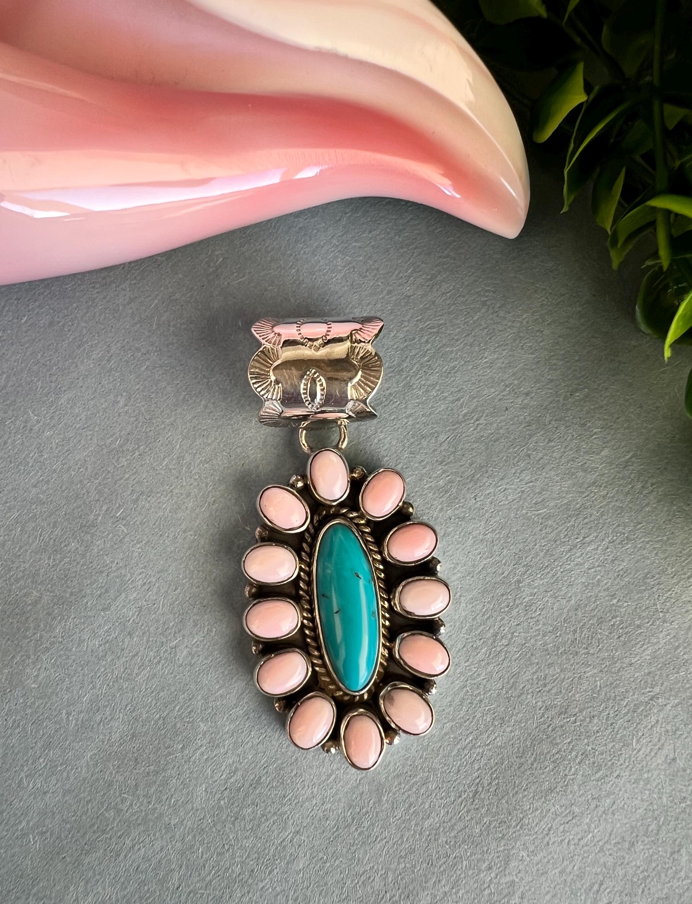 Natural Turquoise and Pink Conch Shell Cluster Pendant 925 Sterling Silver