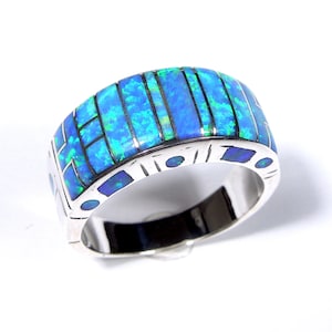 Handcrafted Blue Fire Opal Inlay Genuine 925 Sterling Silver Men&#39;s Band Ring size 9,10,11,12