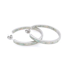 White Fire Opal Inlay Hoops Earrings 1-1/4&#39;&#39; wide 31mm, 925 sterling silver