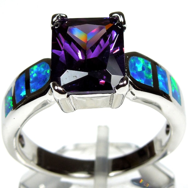 High Quality Amethyst & Blue Fire Opal Solid 925 Sterling Silver Ring Sz 6,7,8,9