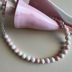 Graduated Round Pink Conch Beads & Sterling Silver Necklace 20.5” long