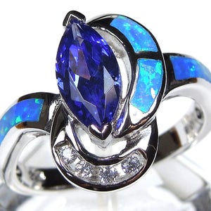 Marquise Tanzanite & Blue Fire Opal Inlay 925 Sterling Silver Ring size 6,7,8,9