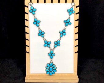 Vintage Sleeping Beauty Turquoise Cluster necklace 27'' long. Navajo Handmade 925 Sterling Silver. Adjustable to shorter
