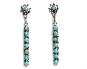Kingman Turquoise 925 Sterling Silver Southwestern Stud Dangle Earrings 2-1/8'' long, Handmade earrings