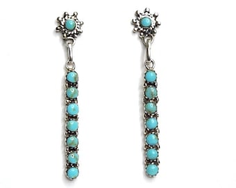 Brincos pendentes estilo sudoeste em prata de lei 925 com turquesa Kingman, 5,4 cm de comprimento, feitos à mão.