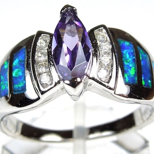 Amethyst & Blue Fire Opal Inlay Genuine 925 Sterling Silver Ring sizes 6,7,8,9