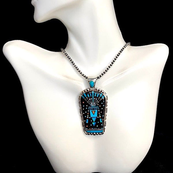 Multi Color Stone Inlay Kachina, 925 Sterling Silver Pendant 2-1/4'' long, Turquoise, Opal, onyx pendant, Chain sold separate