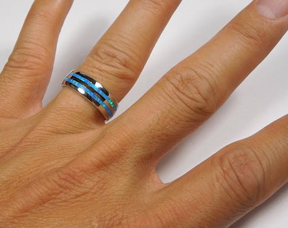 Blue Fire Opal Inlay Solid 925 Sterling Silver Eternity Band Ring