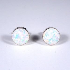 6mm Round White Fire Opal Genuine 925 Sterling silver stud post earrings - Made in USA
