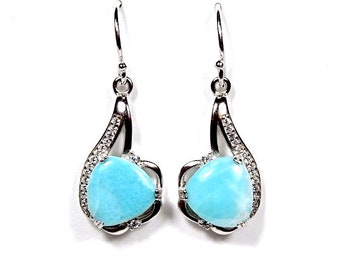 Real AAA Sky Blue Larimar, White Topaz & 925 Sterling Silver Dangle Earrings